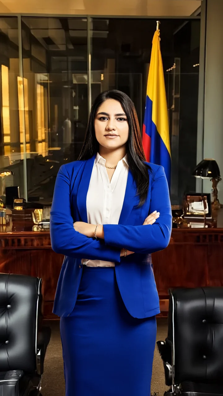 Professional woman in a royal blue blazer and skirt stands with arms crossed in a modern office, a Colombian flag in the background.