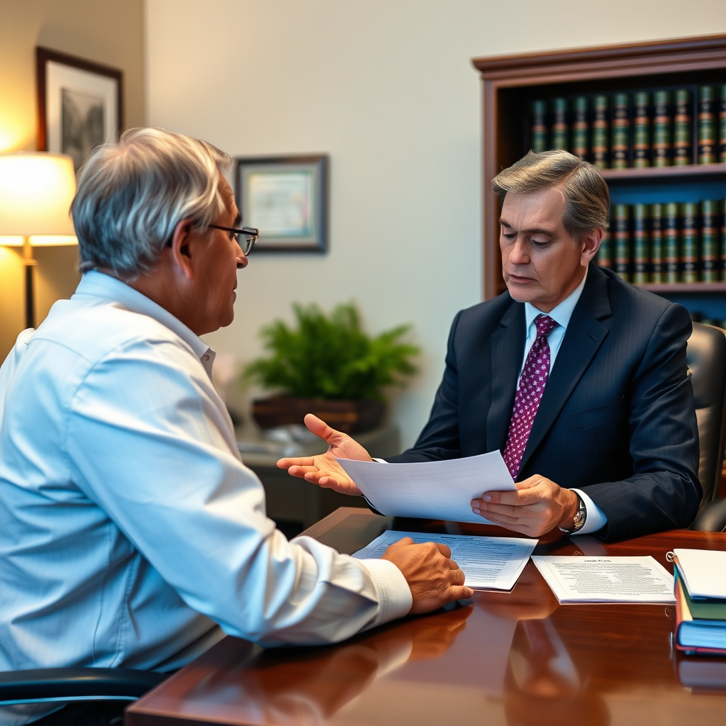 Two men sit across from each other at a polished desk, reviewing documents in a formal office setting.